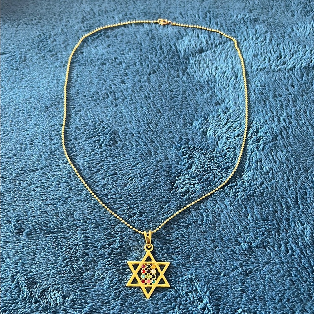 Gold and Red Star of David Necklace with Fine Chain
